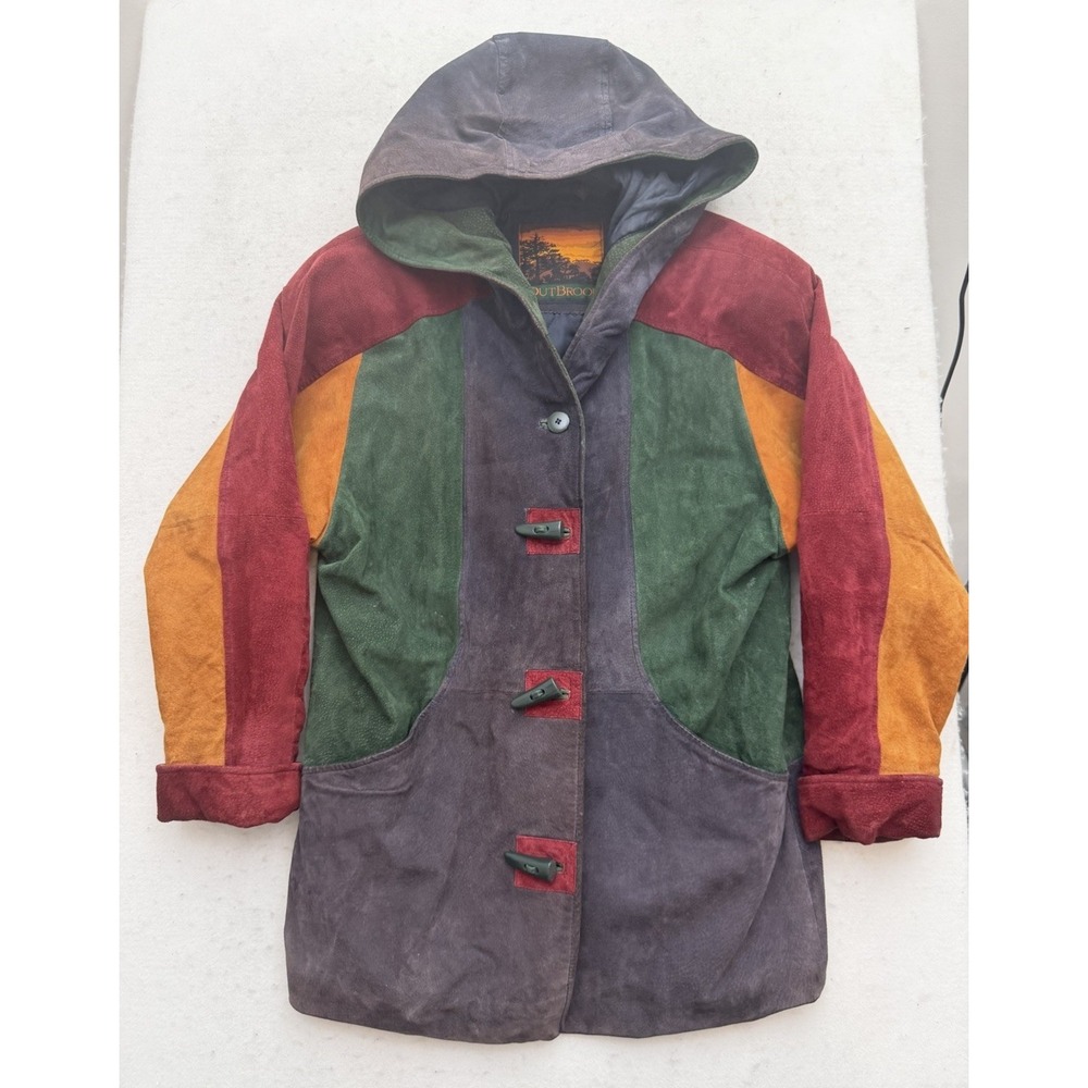 VTG 90s Outbrook Color Block Hooded Suede Toggle Coat Quilt Lined Womens M RARE